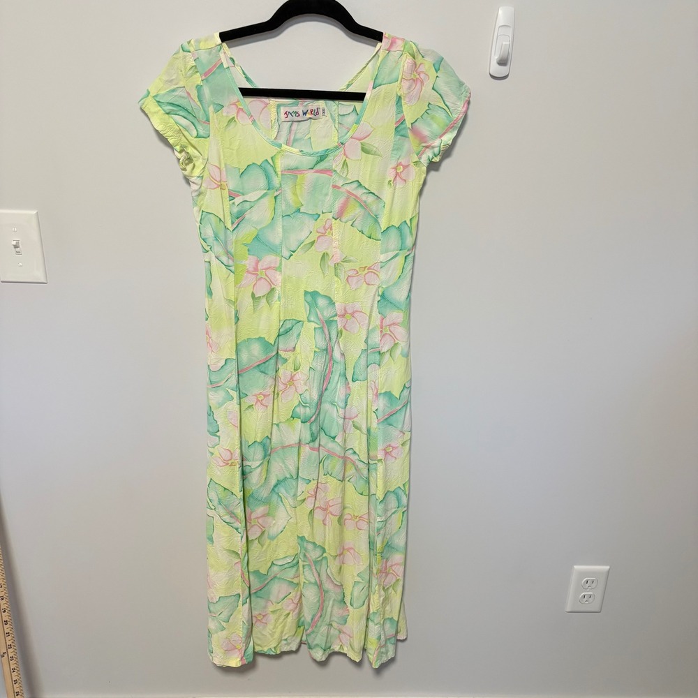 Jams World Vintage Pastel Tropical Floral‎ Midi Dress Hawaiian Rayon Crinkle